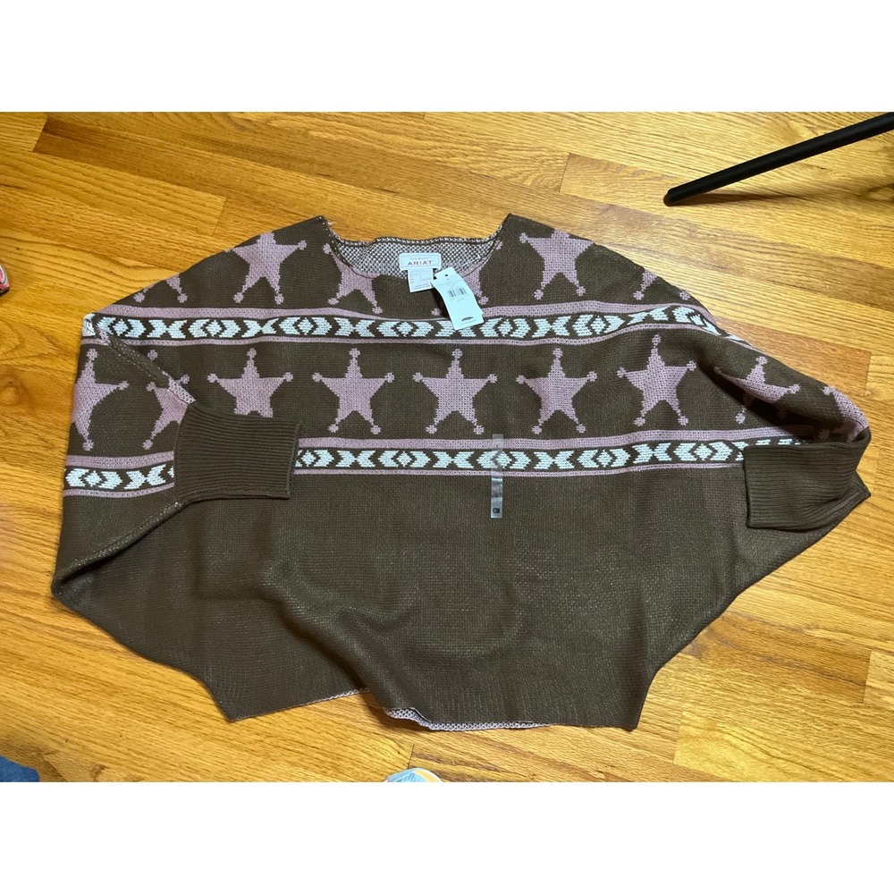 AriaT Western Star Poncho Sweater Brown Pink Cowgirl Pullover Large